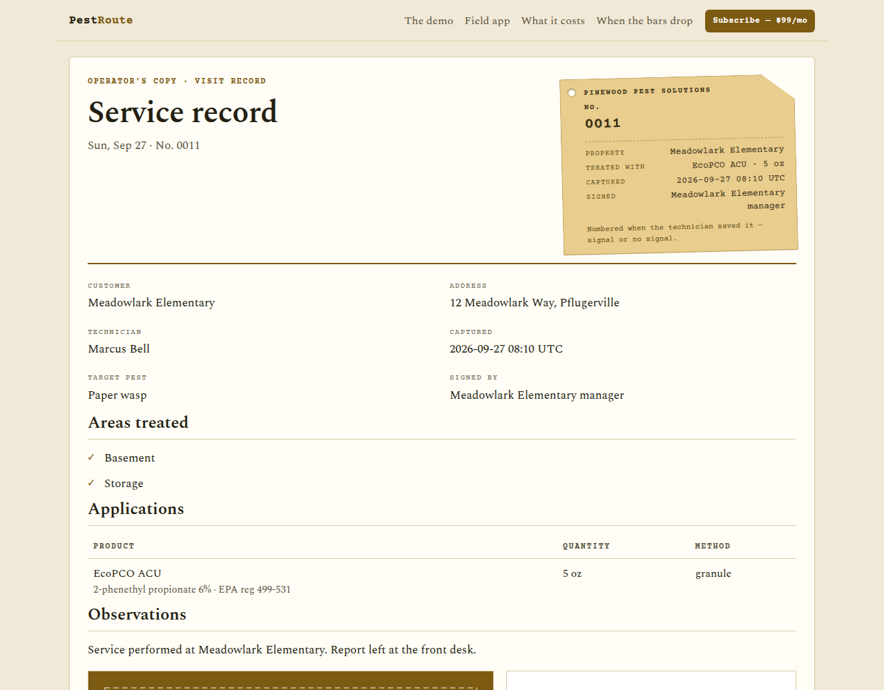 Read-only service record page with photo and signature